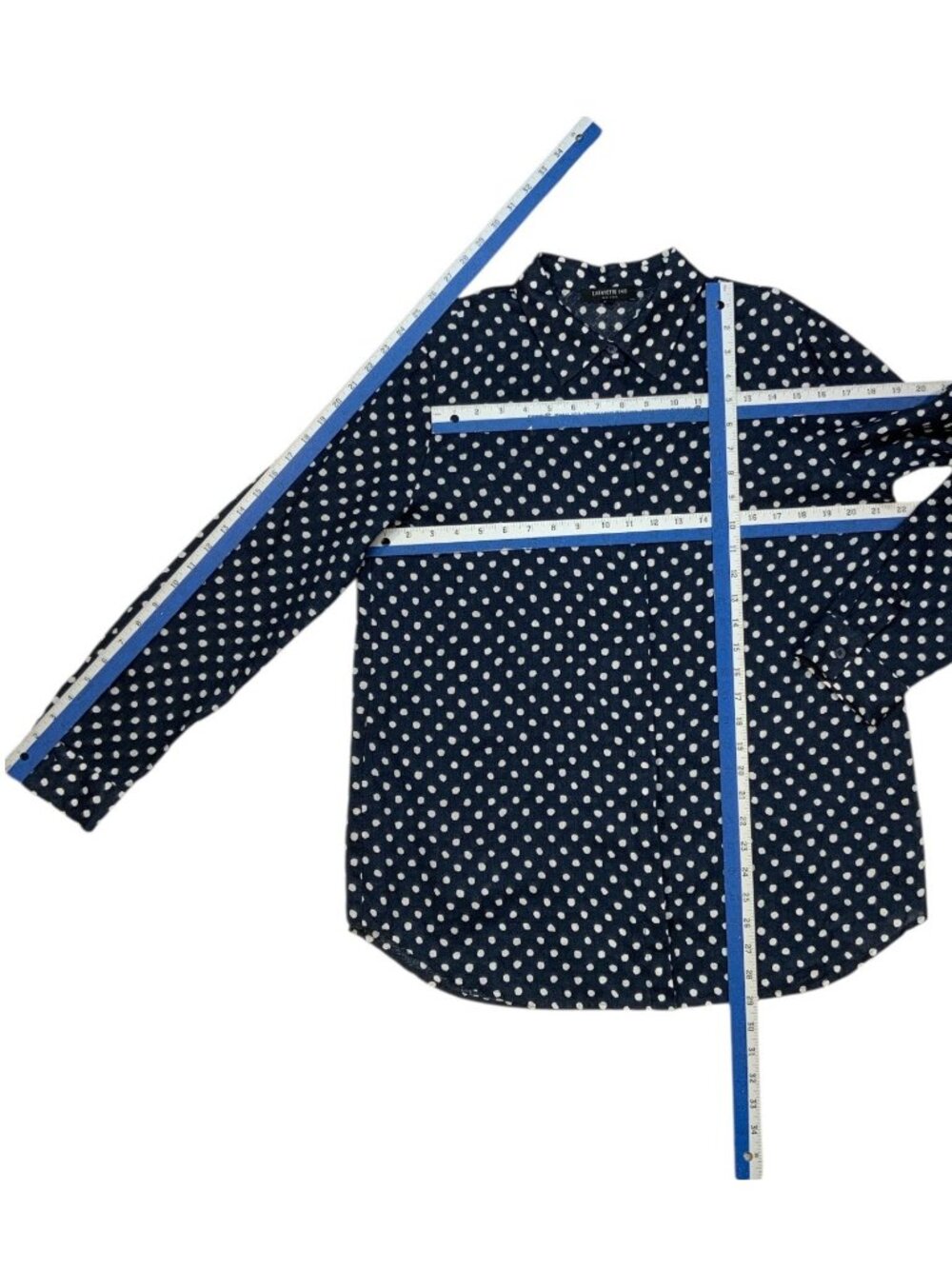 Lafayette 148 NY Linen Button Front Shirt L Blue Polka Dot Natural Fiber - Picture 6 of 15